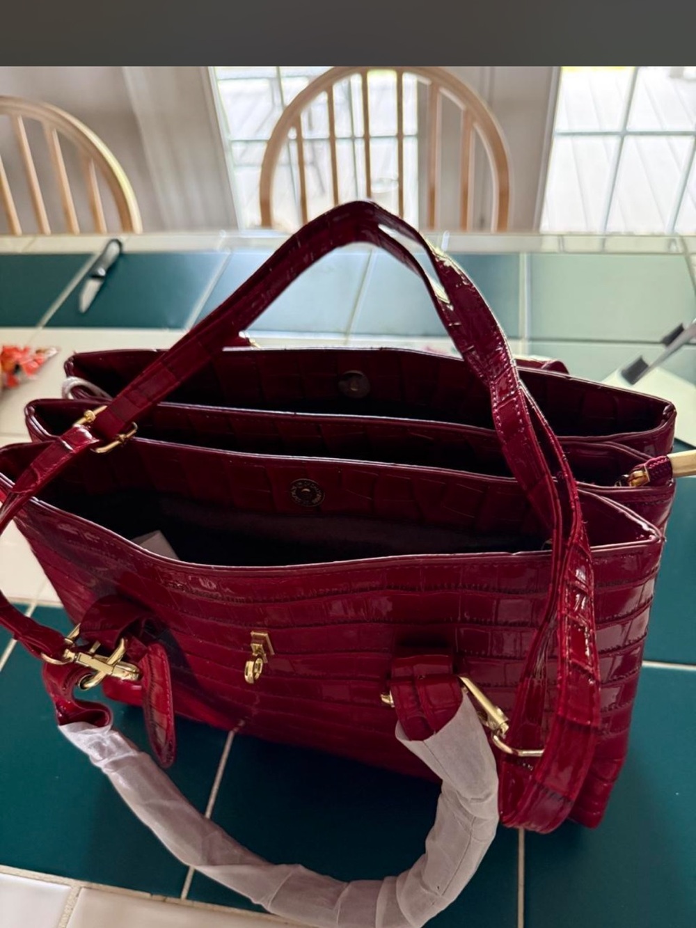 Croc-Embossed Red Satchel Tote in Burgundy with Gold Hardware
